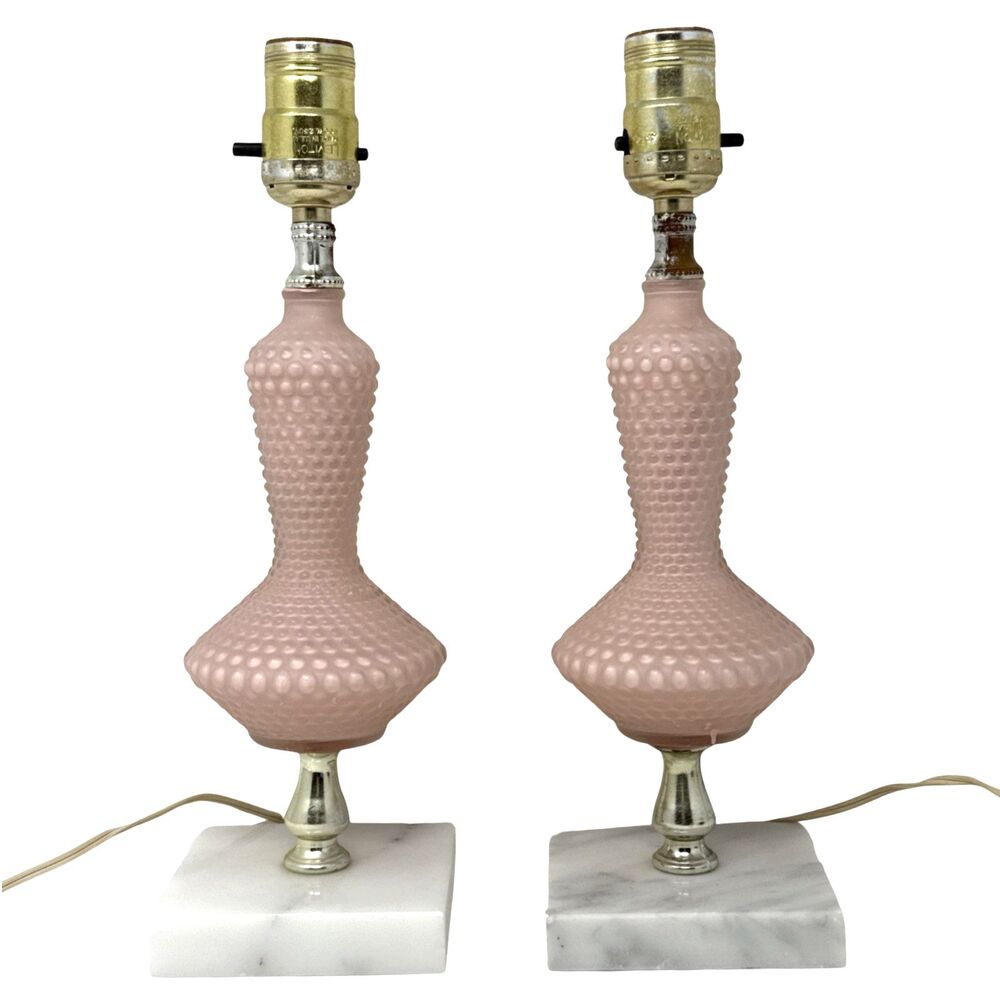 Pair VTG Hobnail Frosted Pale Pink Boudoir Lamps Marble Base 12.5" Cottagecore